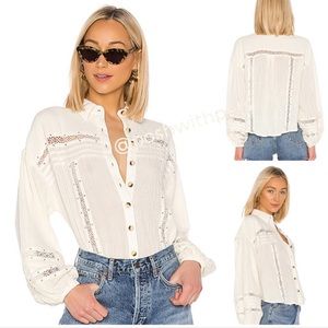 Free People NWT Summer Stars Buttondown Frayed Sequin Shirttail Ivory Large New